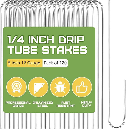 120 Pcs Irrigation Drip Tubing Staples 5 Inch J Shape Irrigation Tube Stakes Galvanized Landscape Pins for 1/4 Inch Irrigation Hose Lawn Nails 1/4 Inch to 1/2 Inch Loop Stake for Drip Tubing