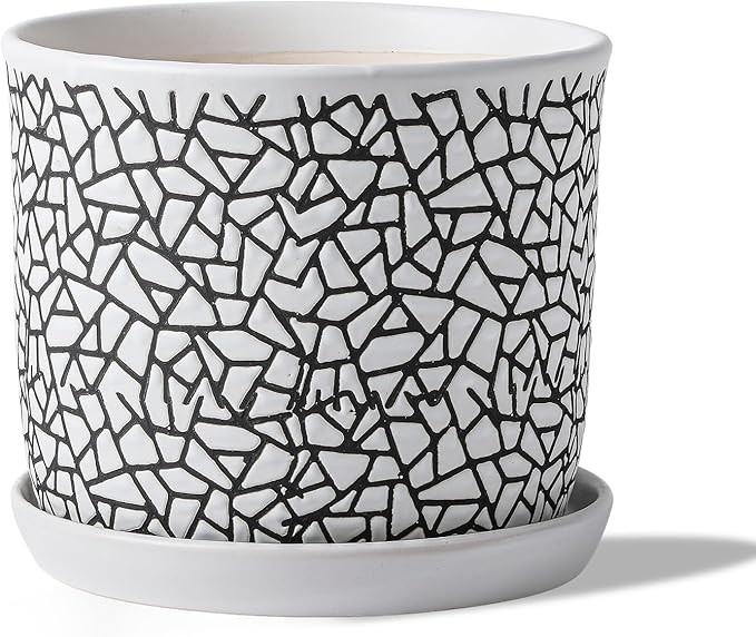 8 Inch Plant Pots: Ceramic Planter Pot with Drainage Hole & Saucer - Planters for Indoor/Outdoor Plants - Flower Pot with Bonded Tray for Home/Office - Tile Design Debossed