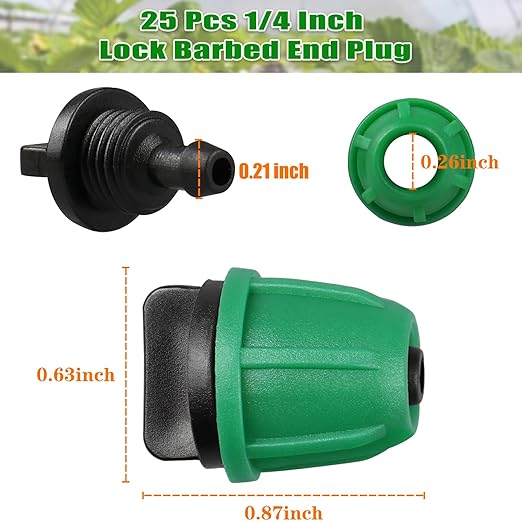 JAYEE Drip Irrigation Fittings 1/4 Inch, Barbed Locked End Plugs for ¼ in. Tubing, 25 Pcs Drip Line Parts Irrigation End Closure with Locked Nuts for Garden Lawn Sprinkler Systems, Green
