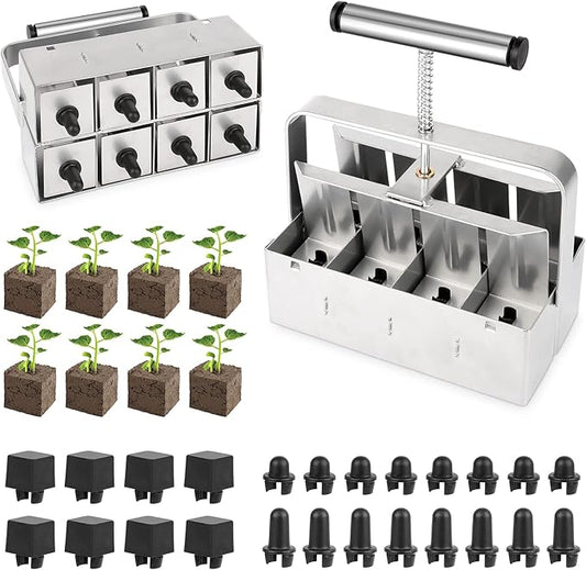 Upgraded Soil Blocker, 8 Cell Seed Blocker 2 inch Quad Soil Block Maker Manual with 3 Types of Seed Pins,Hand-held Soil Blocking Tool for Seed Stater Tray Outdoor Plants
