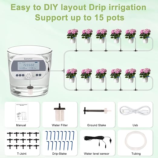 Automatic Drip Irrigation Kit, Indoor Automatic Watering System for Potted Plants, Drip Irrigation System for Garden Hose with Digital Programmable Water Timer