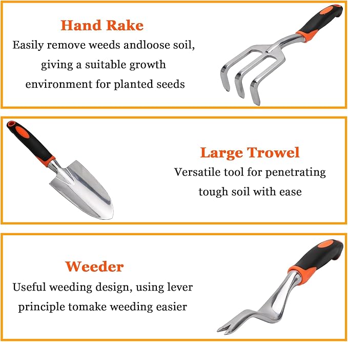 Garden Tool Set, 9 Piece Garden Tools with Non-Slip Rubber Grip with Large Garden Bag, Hand Tools for Gardening, Gardening Tools for Women Men (Orange)