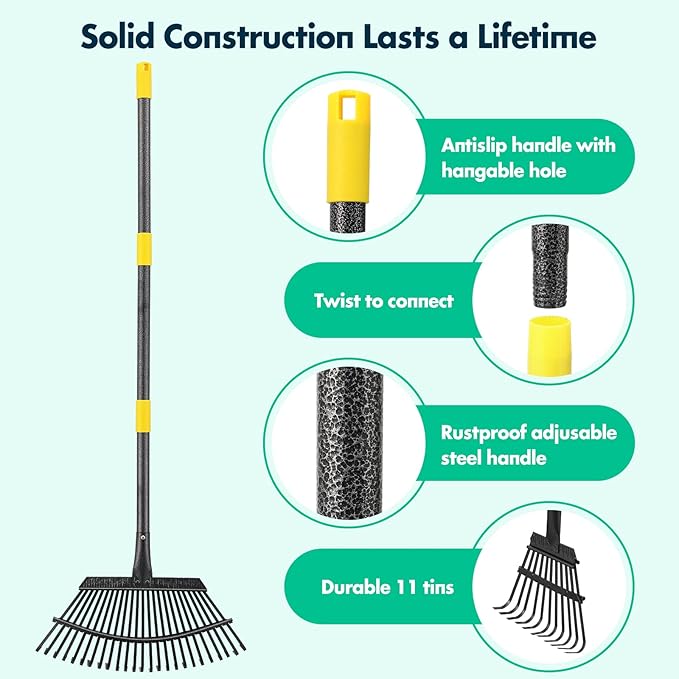 Rake - 65 Inch Long Garden Leaf Rake, 18 Inch Wide Heavy Duty Leaf Rake for Shrub with 25 Metal Tines,Yard Thatching Rake with Ergonomics Adjustable Handle for Picking Leaves,Grass Clippings Garbage
