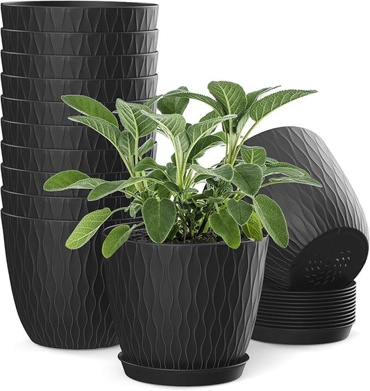 12 Pack 6 inch Plant pots, Plastic Planters with Drainage Holes and Saucers for Indoor Outdoor Flowers and Plants, Black