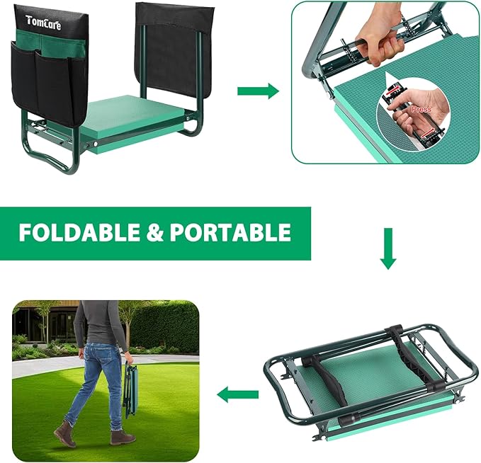 TomCare Garden Kneeler and Seat 10.64” Wider Larger Soft Kneeling Pad Garden Bench with 2 Large Tool Pouches Heavy Duty Garden Stool Foldable Garden Tools Gardening Gifts for Women Men Gardeners
