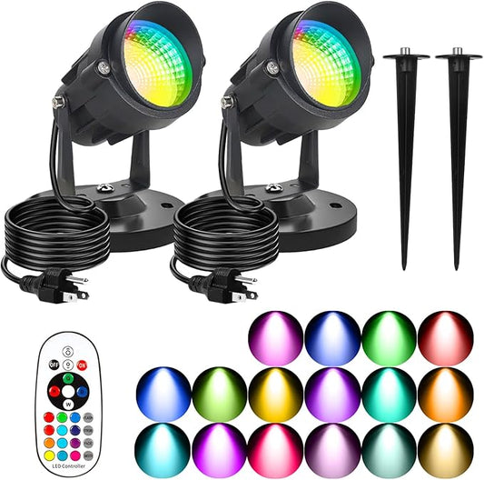 Spotlights Outdoor LED Spot Lights for Yard, 12W RGB Color Changing Landscape Lighting 120V Waterproof Spotlight with Plug & Remote for House Garden Path Tree Patio Lawn Decoration （2 Pack
