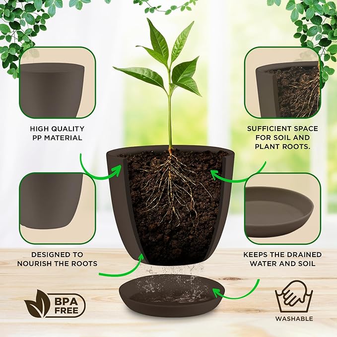 Planter Pots with Drainage Holes - Lightweight, Durable & Space-Saving Pots for Indoor and Outdoor - Versatile Functionality, Simple Modern Design, Set of 5 Plastic Planter Pots - Brown