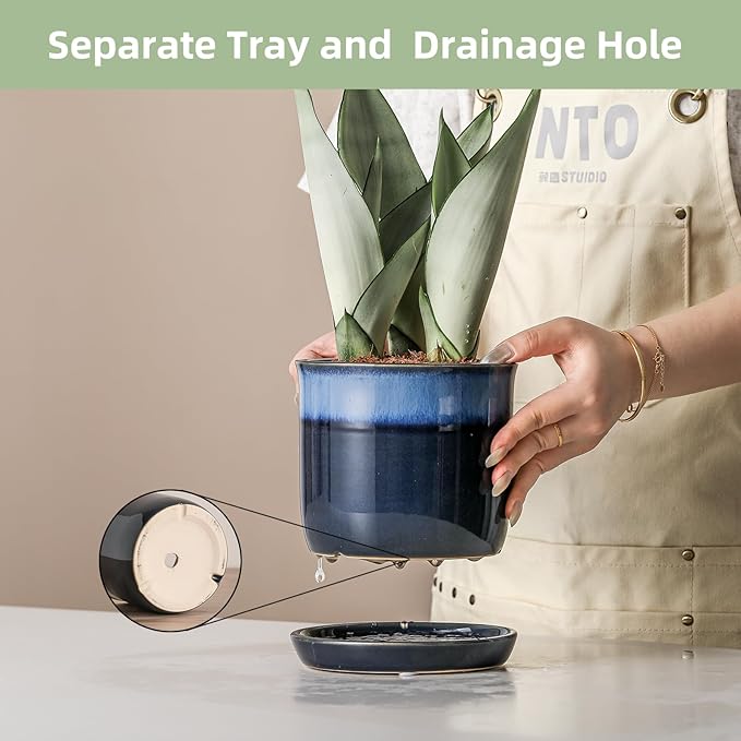 6 Inch Plant Pot: Ceramic Planter with Drainage Hole & Saucer - Gradient Blue Flowerpot for Indoor & Outdoor Plants with Separate Tray