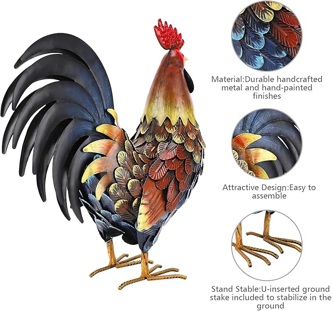 chisheen Rooster Decor Garden Statue Metal Chicken Yard Art Sculpture Outdoor Figurines