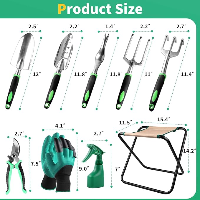 Kitness 9 PCS All-in-one Garden Tools Set Heavy Duty Cast-Aluminium Alloy Gardening Tools Kit with Folding Stool Seat&Detachable Canvas Tool Bag Great Gifts for Gardening