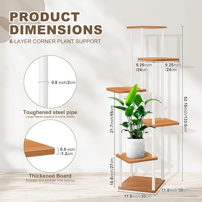 6 Tier Wood Tall Plant Stand Metal Rack Indoor, Multiple Flower Pot Holder Shelves Corner Rack, Planter Shelf Display Rack Storage Organizer for Patio Living Room Balcony Garden(White)