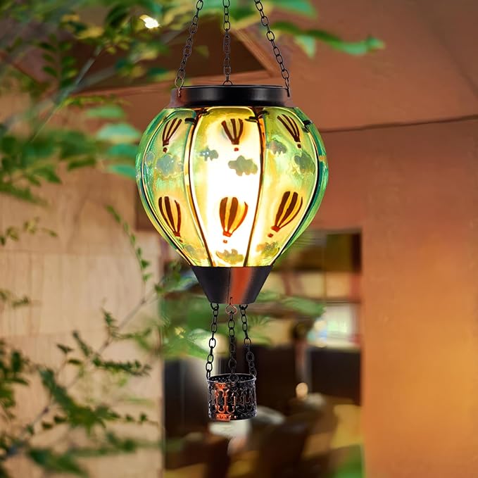 Solar Hot Air Balloon Lantern Flickering Flame, Sky Blue Glass Hot Air Balloon Solar Lantern Outdoor Waterproof, Decorative Hanging Hot Air Balloon Solar Light for Outside Garden Patio Yard