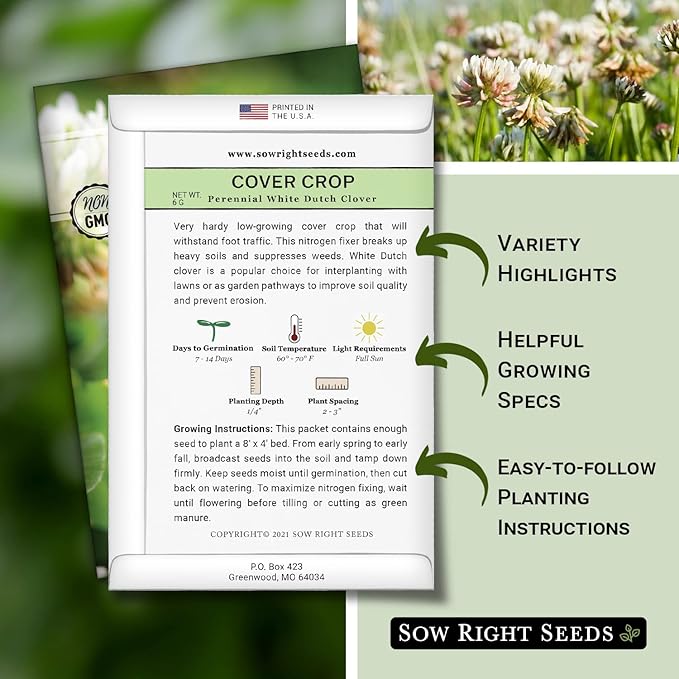 Sow Right Seeds - White Dutch Clover Seed for Planting - Cover Crops to Plant in Your Home Garden - Nitrogen Fixer - Suppress Weeds - Attracts Pollinators - Non-GMO Heirloom Seeds - Gardening Gift (1)