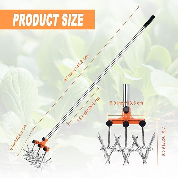 Rotary Cultivator Garden Rotary Tiller Adjustable Stainless Steel Poles Hand Tiller for Soil Mixing or Reseeding Grass Lawn Tiller Total Length 57 Inch.