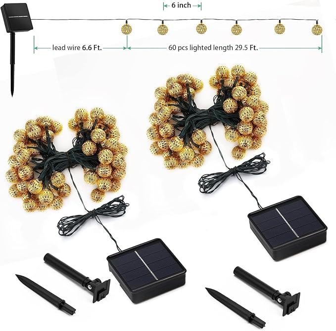 Solar Moroccan String Lights Outdoor 60 LED 36 Ft Globe Fairy Lights with 8 Lighting Modes, Waterproof Solar Powered String Lights for Garden Yard Gazebos Camping Party Holiday (Warm White)