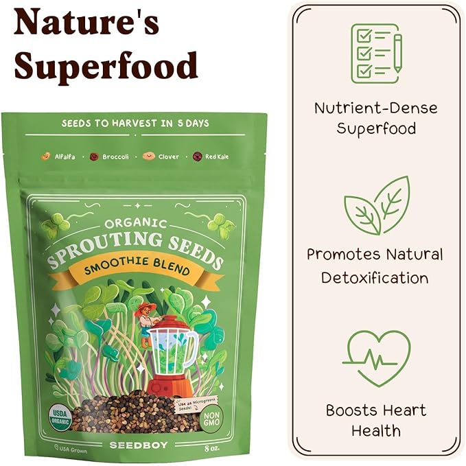 Organic Sprouting Seeds - Smoothie Blend - Non-GMO, USA Grown Microgreens Mix - Alfalfa, Broccoli, Clover, Red Kale - Makes 8 Quarts of Sprouts, 24 Servings (8 oz) (Smoothie Blend)