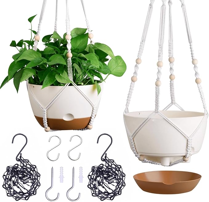 Set of 2-8 Inch Hanging Planters for Indoor Plants with Self-Watering Includes Hanging Pots for Plants, Outdoor Hanging Plant Pot with Drainage, and 2 Types of Hanging Baskets Hangers (White)