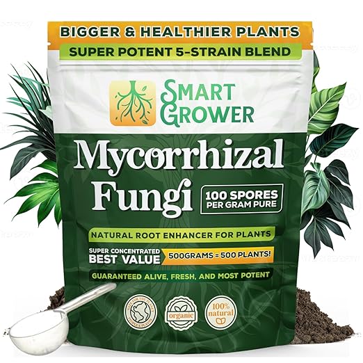 Mycorrhizal Fungi Organic Root Enhancer for Plants, Super Potent 100 Spores Per Gram, 5-Strain Blend, Rapid Results for Gardens, Houseplants, Lawns, Mycorrhizae Smart Grower 500 Grams for 500 Plants