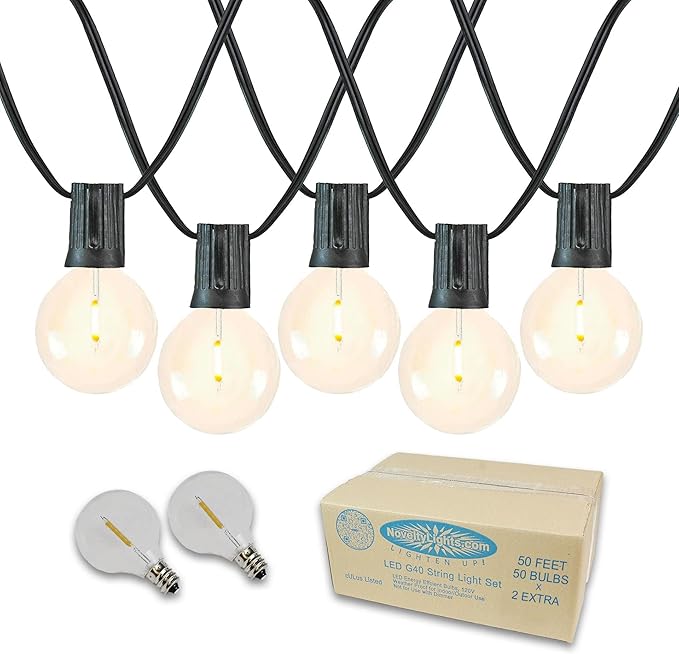 Novelty Lights 50 Feet G40 LED Patio String Lights with 50 Bulbs, Warm White, Weather Resistant and Shatterproof Replaceable Plastic Globe Bulbs, Black Wire