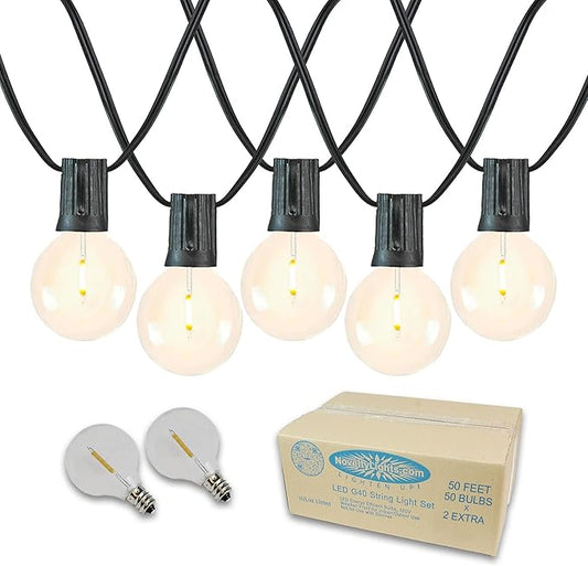 Novelty Lights 50 Feet G40 LED Patio String Lights with 50 Bulbs, Warm White, Weather Resistant and Shatterproof Replaceable Plastic Globe Bulbs, Black Wire