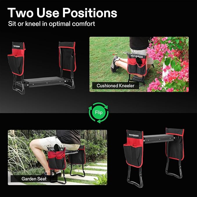 Garden Kneeler and Seat, 10.9" Wider Foldable Gardening Stool, Heavy Duty Garden Bench, Gloves & EVA Foam Pad & 2 Tool Bags, Gardening Tools for Women Men Father Mother, Portable Outdoor Garden Tools