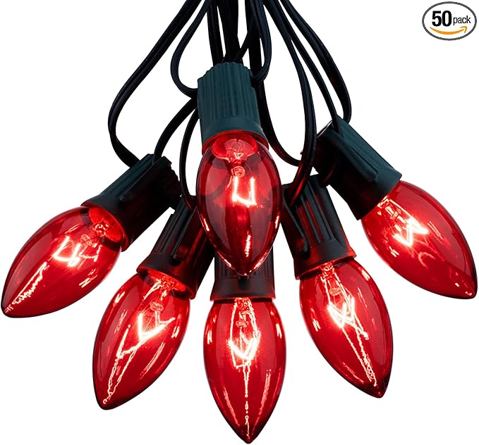 C9 Christmas String Light Red, 50ft Vintage Christmas Tree Lights, Outdoor Roofline String Lights with 50+2 Red Bulbs for Patio Garden Holiday Indoor Home Xmas Decoration, Green Wire