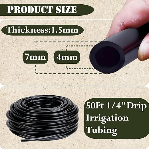 1/4in. Drip Irrigation Tubing - 50FT Drip Line Irrigation System Parts for Garden(Includes 1/4" Straight Connector, Ends, T Connectors, Cable Zip Ties)