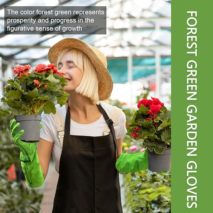 Professional Thorn Proof Gardening Gloves for Women and Men Rose Pruning & Cactus Trimming, Long Sleeve Heavy Duty Ladies Garden Gloves, Cowhide Leather (Small, Green)