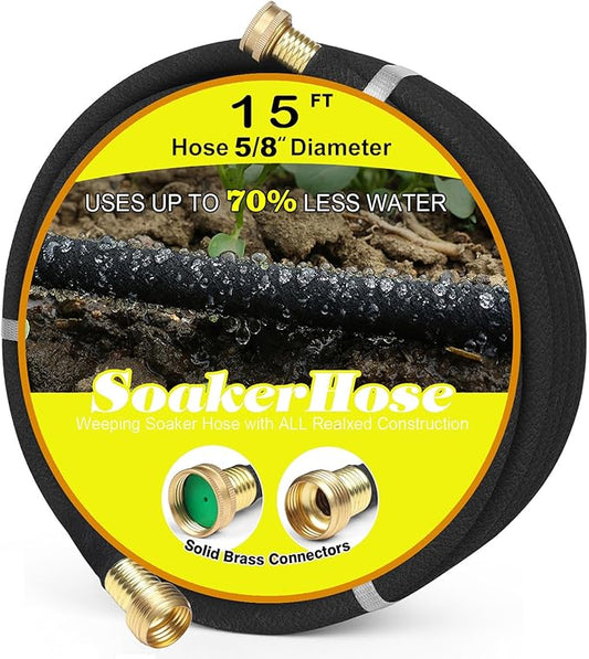 Soaker Hose 15FT 5/8" Diameter for Garden Beds Solid Brass Interface Irrigation Save 70% Water Heavy Duty Rubber Great for gardens/flower beds