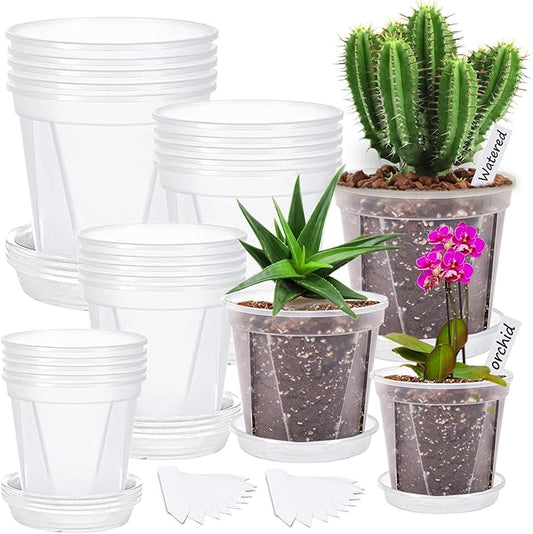 40Pack Clear Nursery Pots with Trays,4/5/6/7 inchTransparent Plastic Plant Pots with Drainage Hole for House Plants, Herb, Flower, Succulent and Outdoor Clearance,100 pcs Plant Labels,5-Set