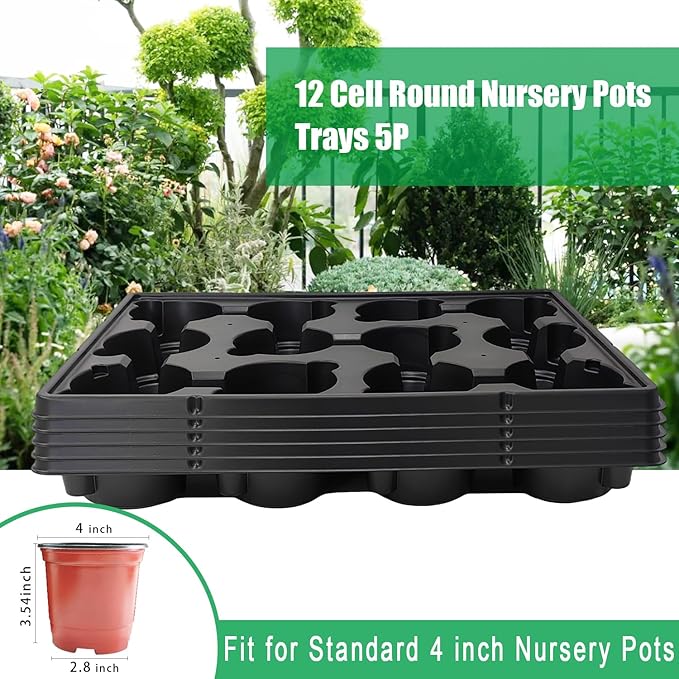 12 Cell Round Nursery Pots Trays Thickened Durable Seedling Pots Shuttle Carrying Trays for Holding 4 inch Nursery Pots (16.85" × 12.6", 5-Pack)
