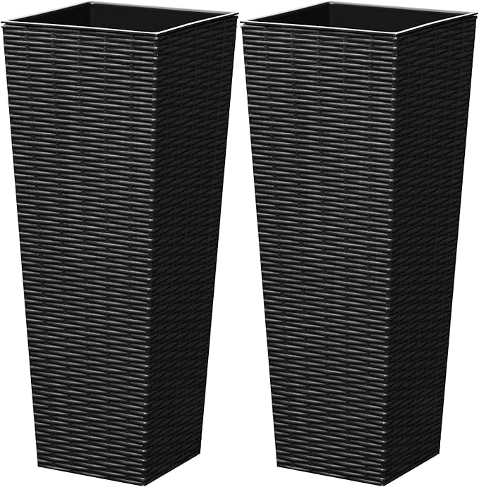 Greesum Large Tall Planter for Outdoors Plants, Set of 2, 24" Tall Plastic Flower Pots, Tapered Porch Planter with Drainage Holes for Patio, Backyard, Black