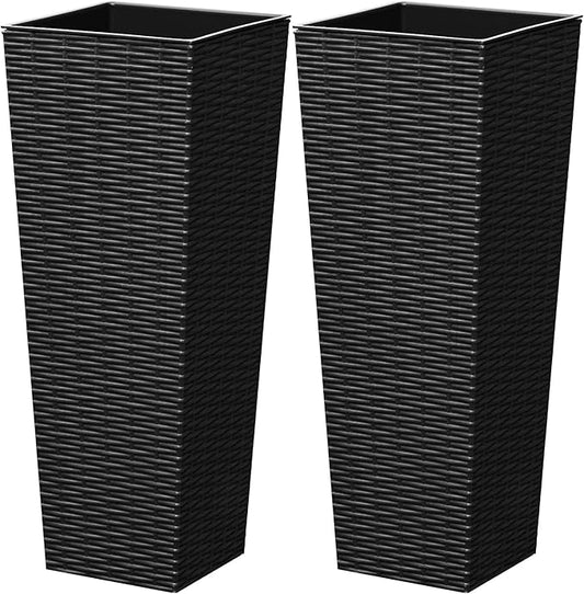 Greesum Large Tall Planter for Outdoors Plants, Set of 2, 24" Tall Plastic Flower Pots, Tapered Porch Planter with Drainage Holes for Patio, Backyard, Black