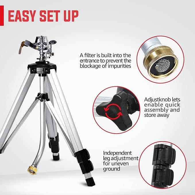 YAMATIC Impact Sprinkler on Tripod Base, 360 Degree Large Area, Heavy Duty Adjustable Pulsator Sprinkler for Lawn Yard and Grass, Spray up to 20-90ft (36inch) Zinc Head, 2Pcs