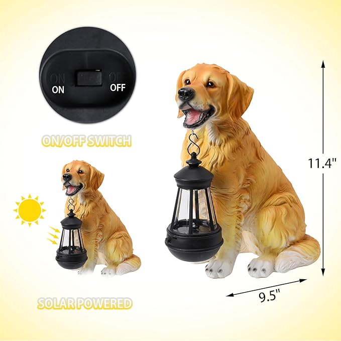 Afirst Solar Dog Statue Garden Decor, Outdoor Statue Decor with Solar Lantern Lovely Golden Retriever Figurine Patio Lawn Yard Art Ornaments Housewarming Gift