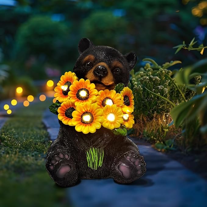 Solar Garden Lights Outdoor Statues Black Bear with Sunflowers, LED Lighted Garden Decor Waterproof Figurines for Patio Porch Balcony Yard Lawn Lantern, Unique Garden Statues for Housewarming Gifts