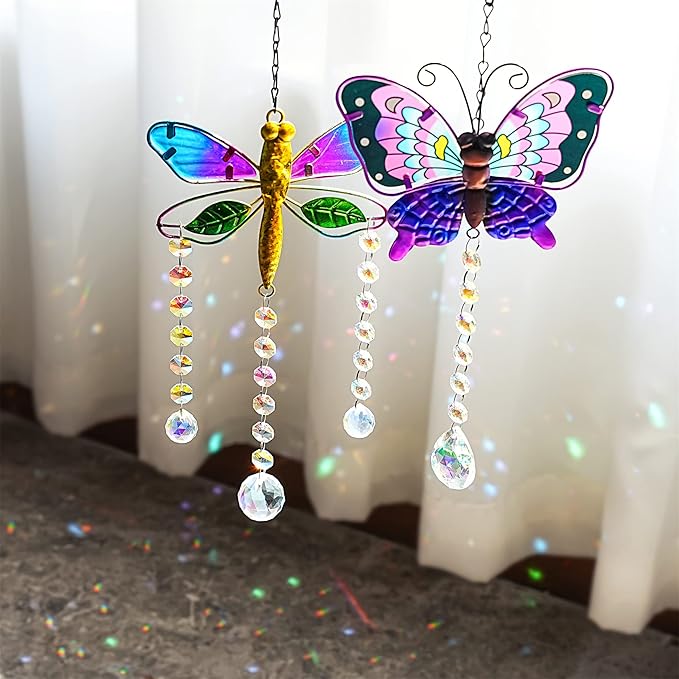 YU FENG Set 2 Suncatchers with Crystals,Stained Glass Butterfly Dragonfly Sun Catchers Window Garden Hanging Decoration Ornament,Prism Rainbow Maker Pendant