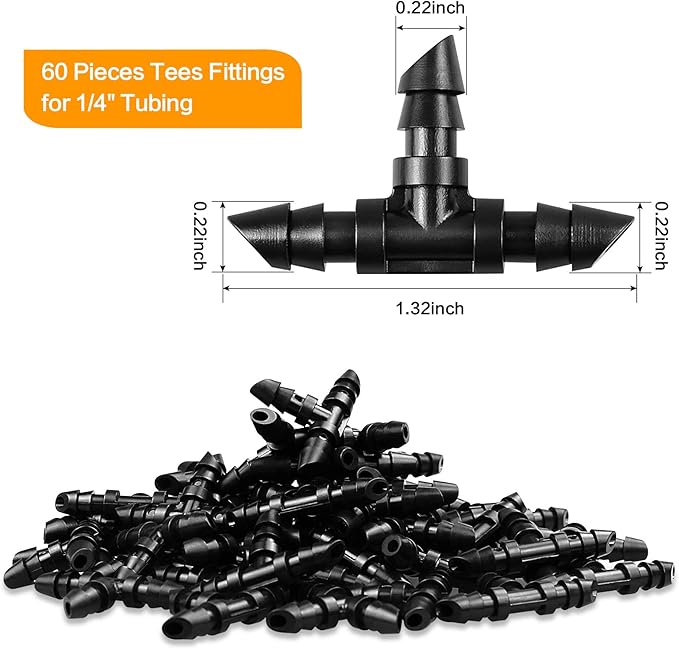 60 Pieces Drip Irrigation 1/4" Barbed Tee Fittings, Barbed Connectors for 1/4 Inch Irrigation Tubing, Drip Line Tee for Drip Sprinkler Garden Lawn Systems