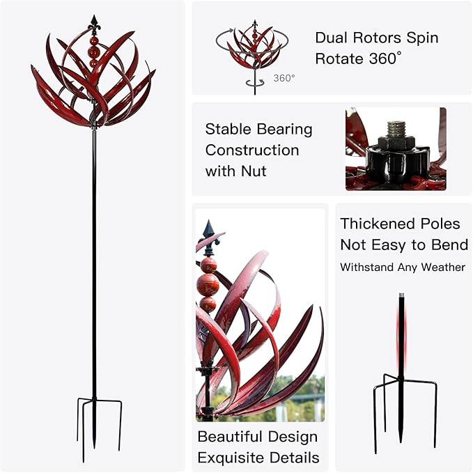 Yard Garden Wind Spinners - Large Outdoor Metal Wind Spinners Sculptures, Lawn Yard Art Garden Decor (Burgundy Lotus)