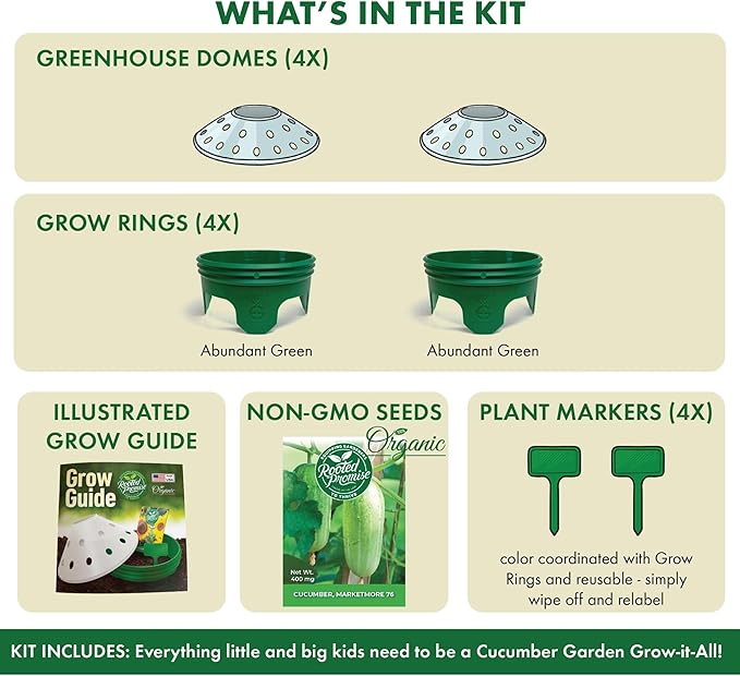 Kids Outdoor Cucumber Garden Kit - Complete Kit for Growing Your Own Cucumbers from Seeds with Grow Rings and Greenhouse Germination Domes, Non-GMO Seeds, BPA-Free