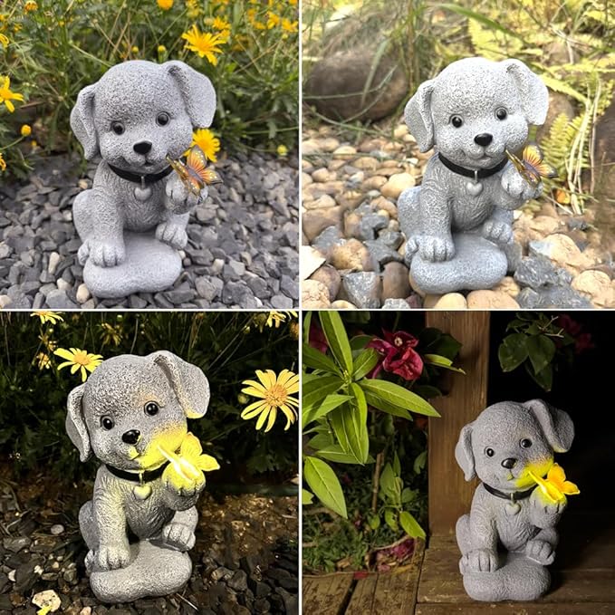 Solar Dog Statue Garden Decor with Butterfly Light – Waterproof Outdoor Yard Art for Patio, Lawn, Balcony for Patio, Balcony, Yard Ornament, Unique House Warming Garden Gifts Figurine Lights
