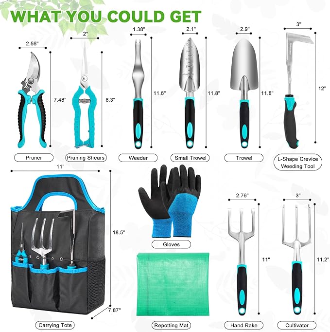 Ergonomic Garden Tool Set, Heavy Duty 11 Pcs Gardening Tool Bag Lightweight Aluminium Alloy Tools with Non-Slip Ergonomic Handle, Durable Storage Tote Bag, Gardening Hand Tools