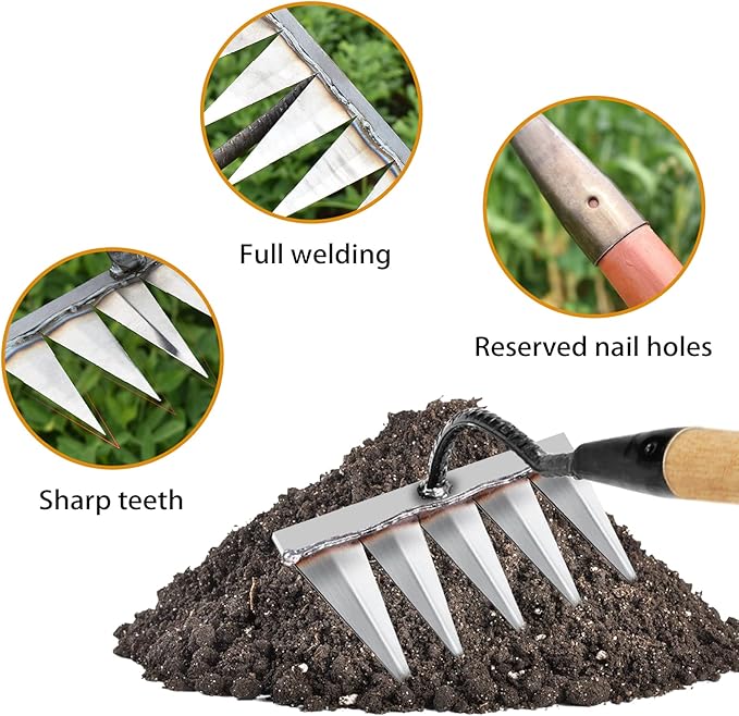 Iron Rake for Gardening and Weeding - Heavy Duty Garden Tool, Carbon Steel Hand Rake for Sturdy Dethatching, Heavy Duty Rake 5 Toothed Steel (Without Stick)
