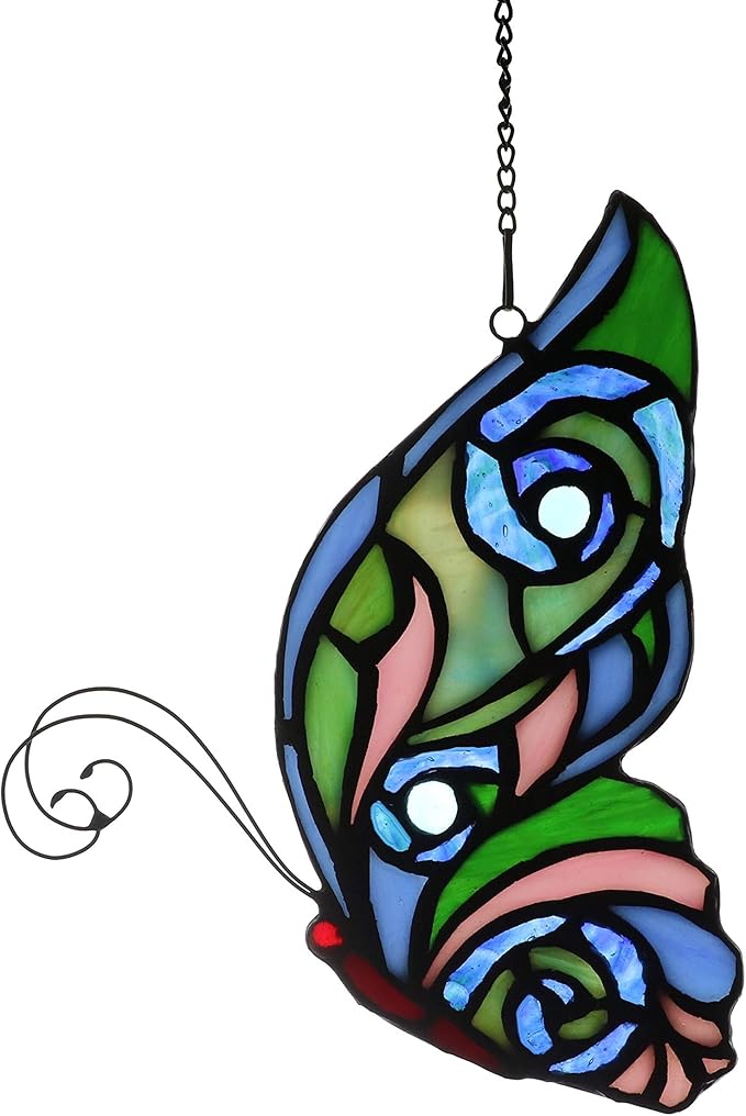 Stained Glass Window Hangings Butterfly Tiffany Style Butterfly Suncatcher for Window Hanging Suncatchers Handcrafted Ornament (Green&Blue)