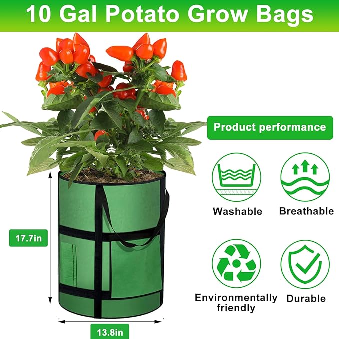 Grow Bags 6Pack - 10 Gallon Potato Grow Bags with Window to Harvest, Thickened Fabric Pots with Handles, Garden Bags to Grow Vegetables, Potatoes Tomato Chili Carrot