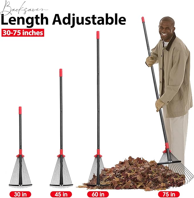 Rake for Leaves, Adjustable Garden Leaf Rakes for Lawns Heavy Duty, Metal Rake with 18 Clog-Free Tines, 9”-17” Collapsible Rake Head, 6 ft Long Handle, Yard Tools for Gardening Camping Fast Cleanup