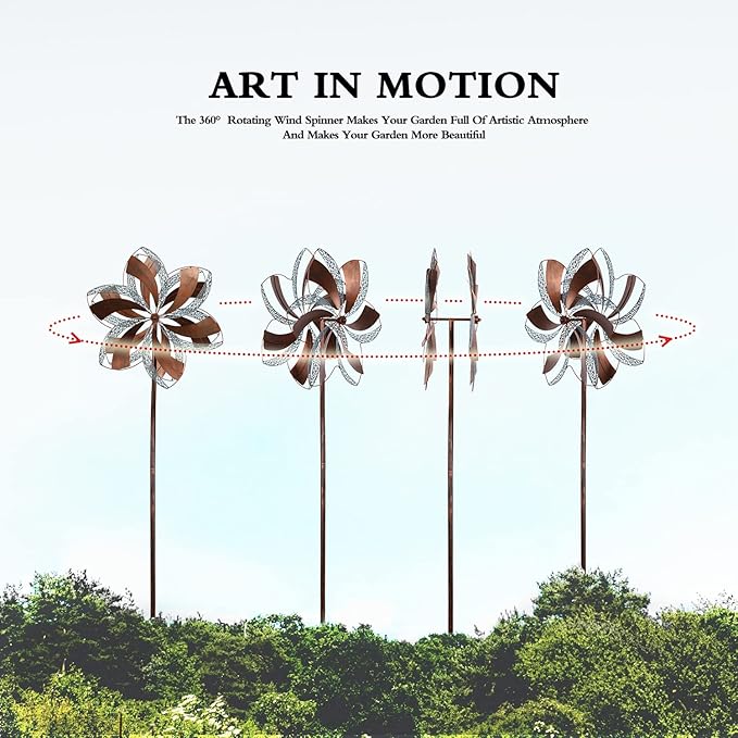 Garden Wind Spinner,Flower Wind Spinner,Outdoor Metal Wind Sculpture & Spinner Large 23 inch Dia 84 inch Height Kinetic Windmill for Garden Yard