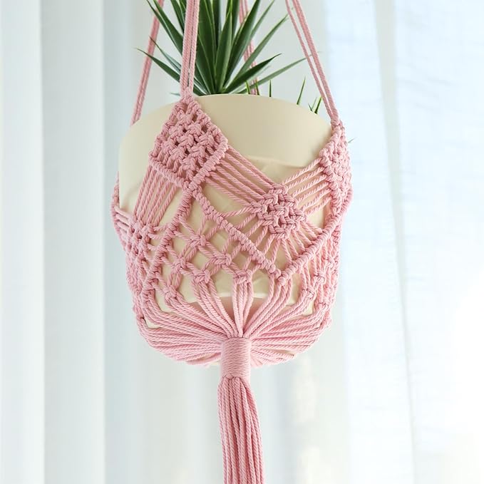 Hanging Planter with Patterns,2Packs Macrame Plant Hangers Indoor Macrame for up to 8 inch Pot Crochet Boho Plant Hanger Holder for Indoor Outdoor with 2S Shaped Stainless Steel Hooks (Pearl Pink)