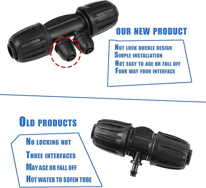 1/2 Inch to 1/4 Inch Tubing Irrigation Fittings for (1/2'' ID x 0.60''-0.63'' OD) 16mm Drip Tubing,Locked Barbed Tee Connectors (10 Pcs Barbed Tee 4-Way)
