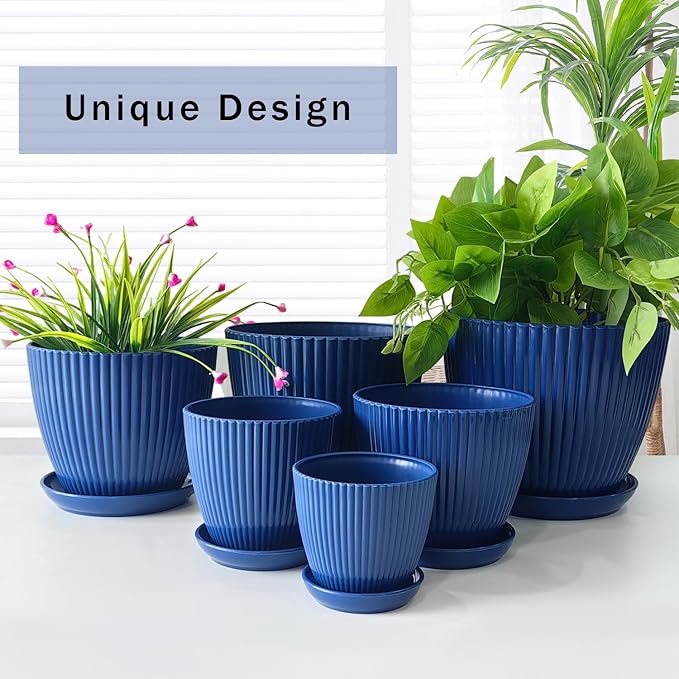 7.5/6.5/5.5/4.9/4.2/3.5 inches Plant Planters 6 Pack, Thick Sturdy Plastic Pots for Plants, Indoor/Outdoor 6 Sizes Flower Pots with Drainage Holes and Saucers (6 Sizes,Dark-Blue)
